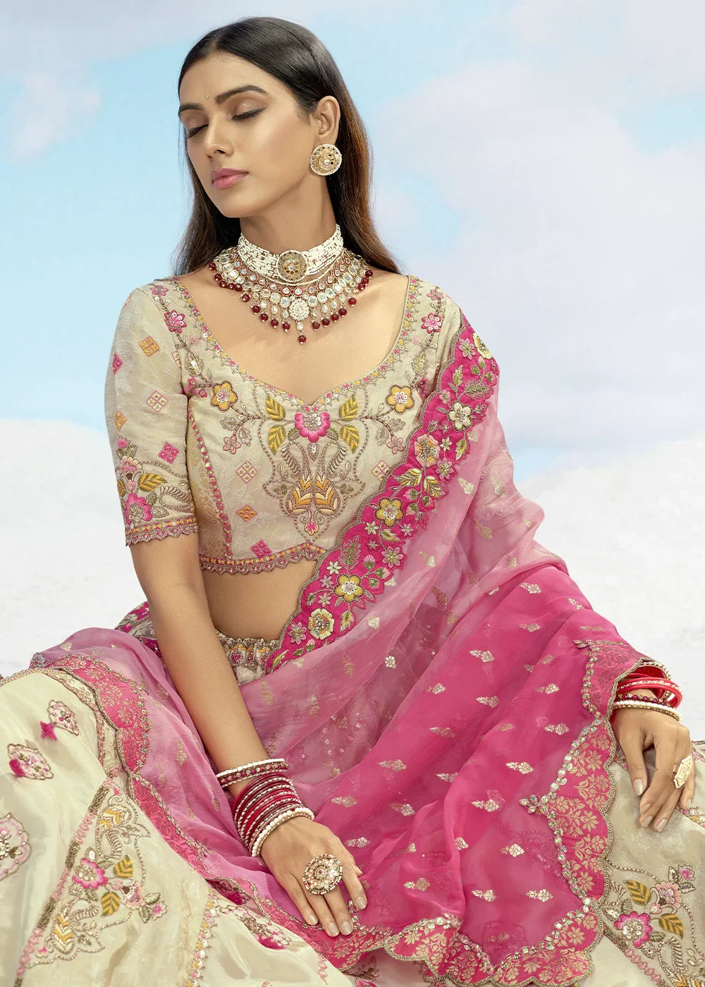 Patch & Cut Work Silk Embroidered Semi Stitched Lehenga Choli & Dupatta - qivii