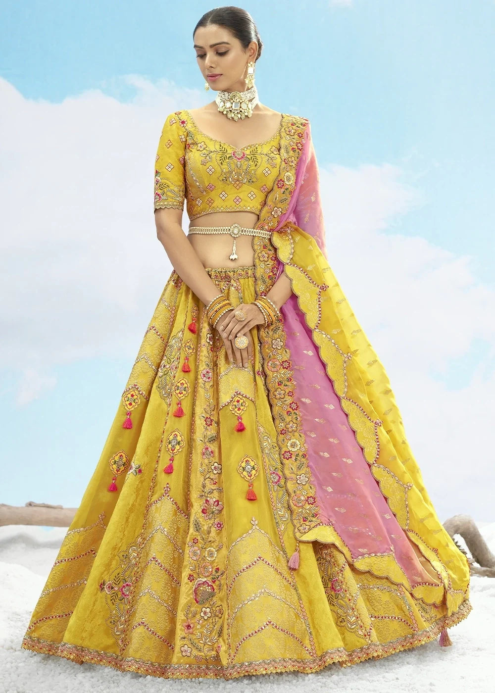Patch & Cut Work Silk Embroidered Semi Stitched Lehenga Choli & Dupatta - qivii