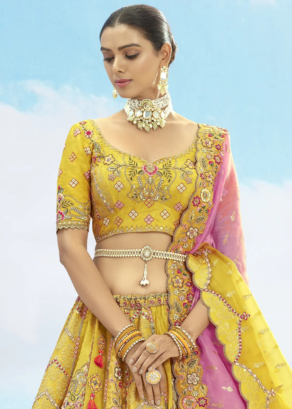 Patch & Cut Work Silk Embroidered Semi Stitched Lehenga Choli & Dupatta - qivii
