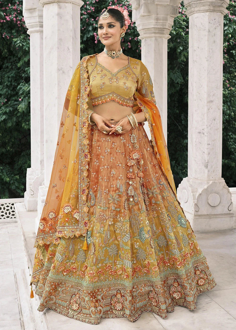 Mustard & Orange Heavy Embroidered Mirror, Sequins & Stone Work Semi Stitched Lehenga Choli