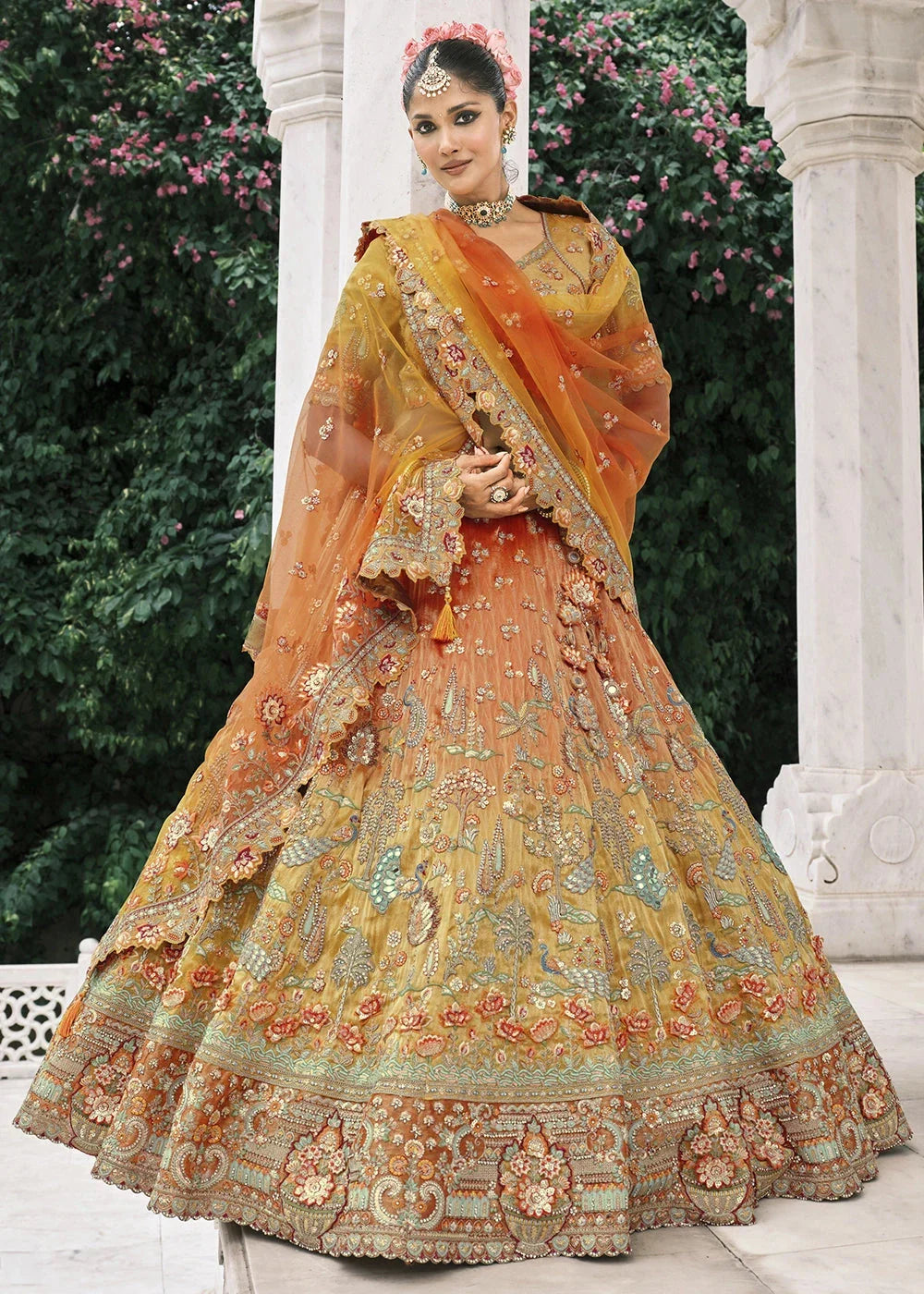 Mustard & Orange Heavy Embroidered Mirror, Sequins & Stone Work Semi Stitched Lehenga Choli