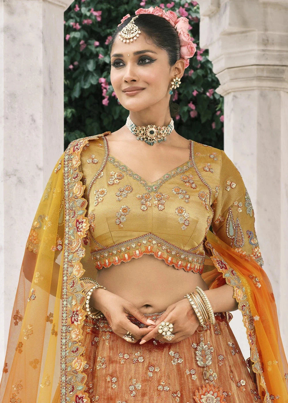 Mustard & Orange Heavy Embroidered Mirror, Sequins & Stone Work Semi Stitched Lehenga Choli