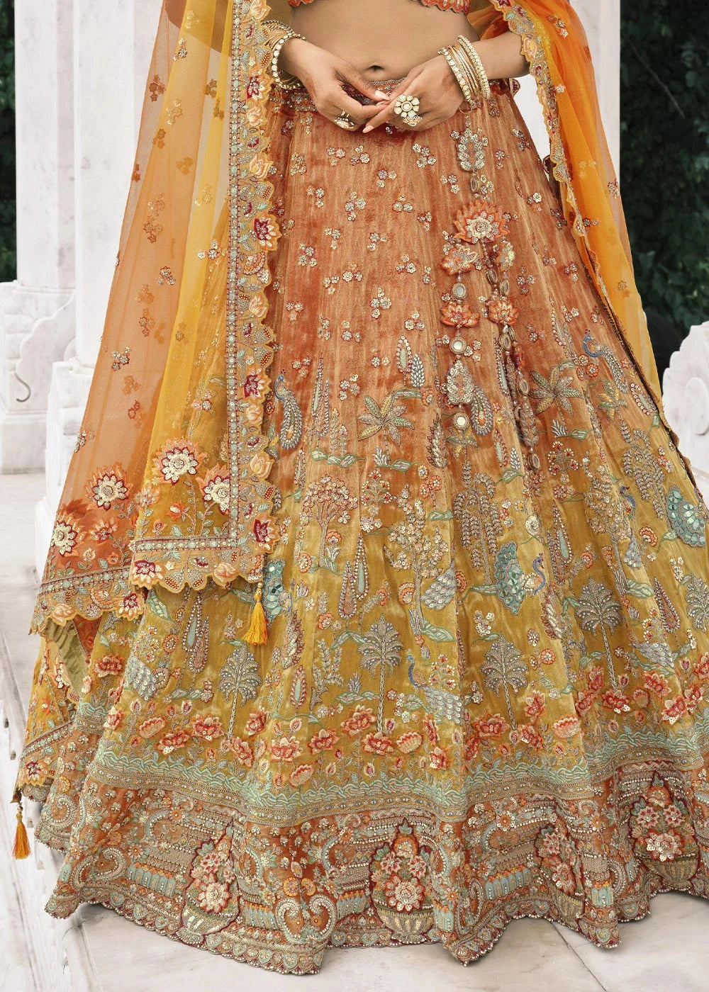 Mustard & Orange Heavy Embroidered Mirror, Sequins & Stone Work Semi Stitched Lehenga Choli