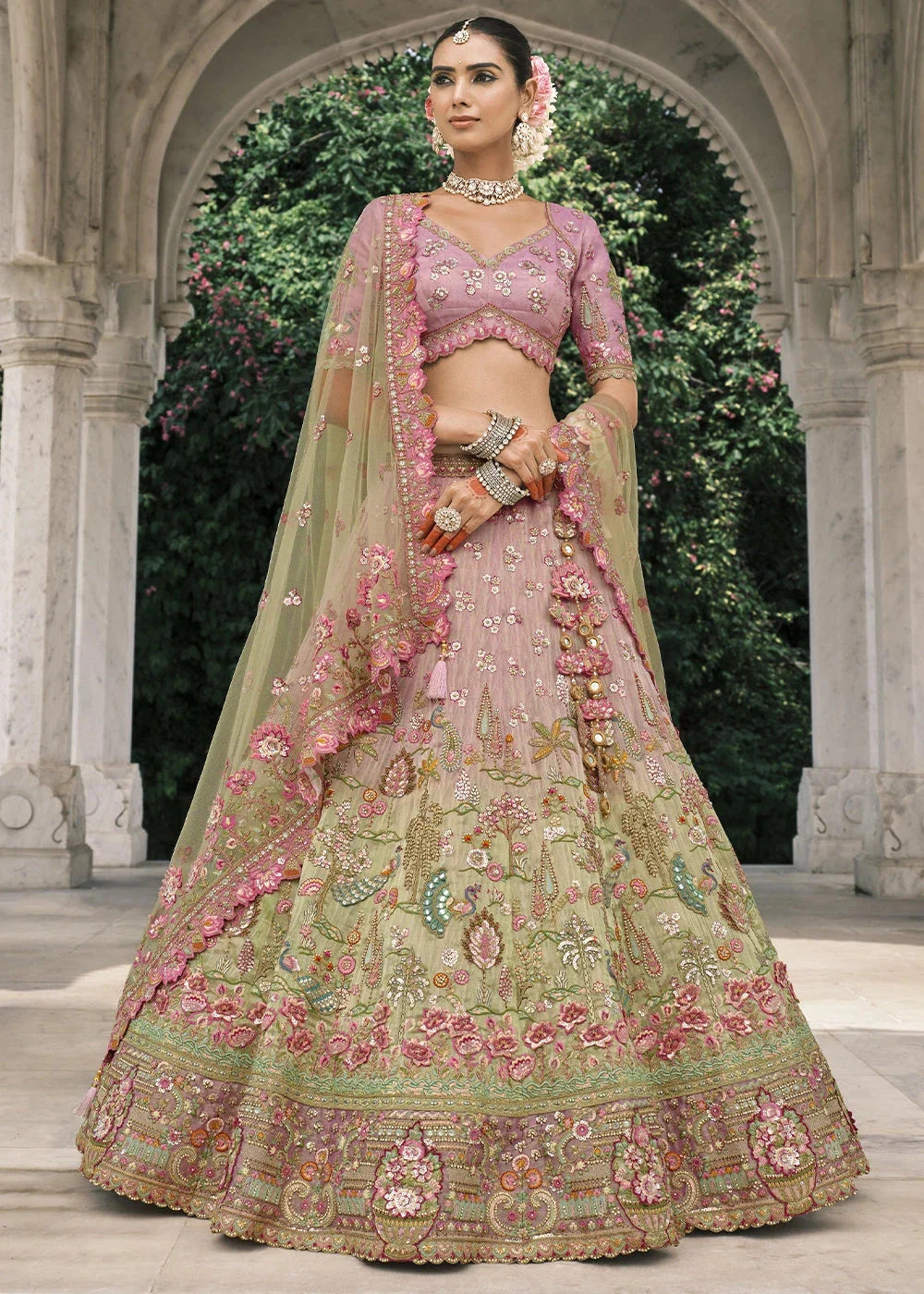 Mauve & Limegreen Heavy Embroidered Mirror, Sequins & Stone Work Semi Stitched Lehenga Choli