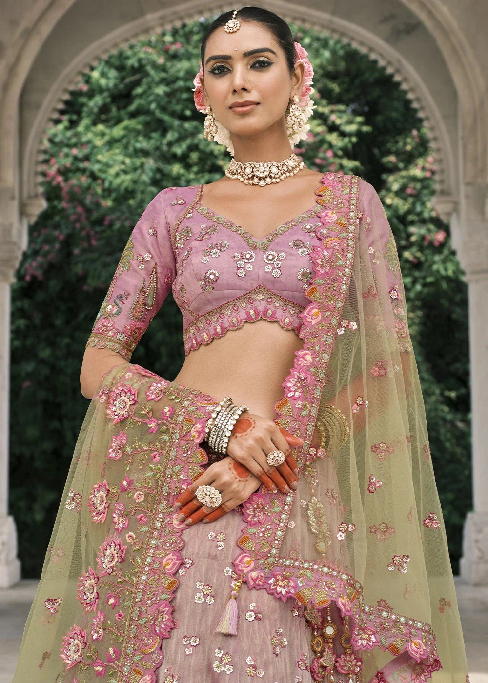Mauve & Limegreen Heavy Embroidered Mirror, Sequins & Stone Work Semi Stitched Lehenga Choli