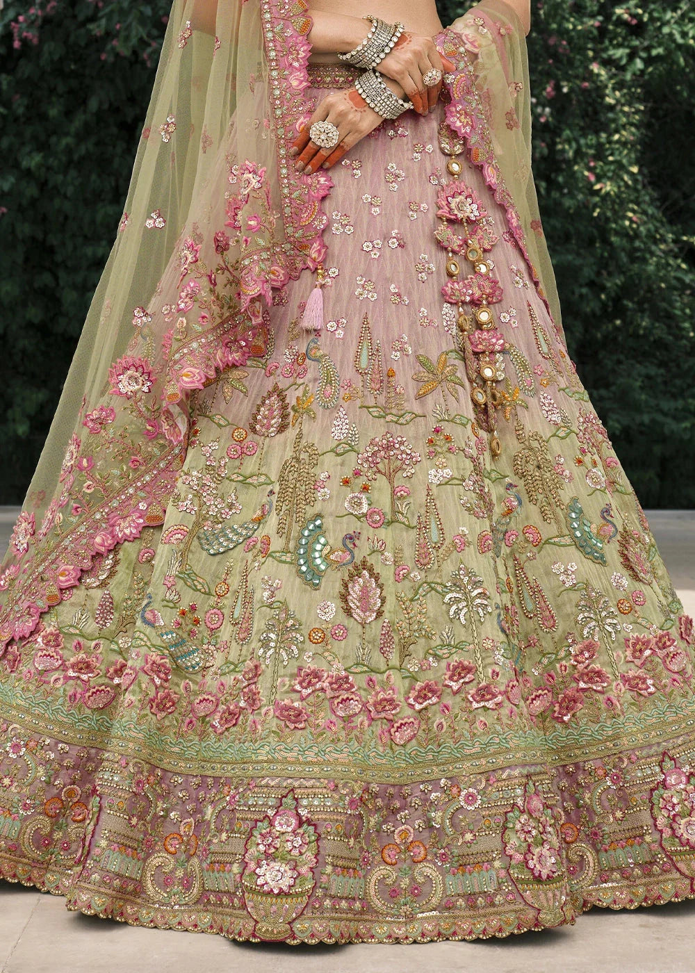 Mauve & Limegreen Heavy Embroidered Mirror, Sequins & Stone Work Semi Stitched Lehenga Choli