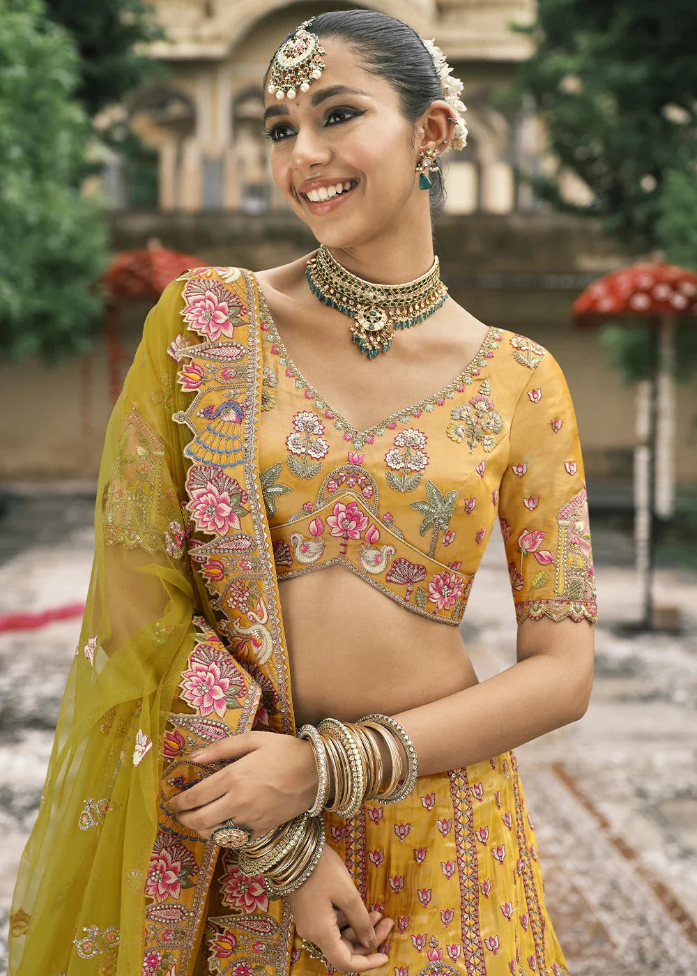 Yellow Heavy Embroidered Mirror, Sequins & Stone Work Semi Stitched Lehenga Choli