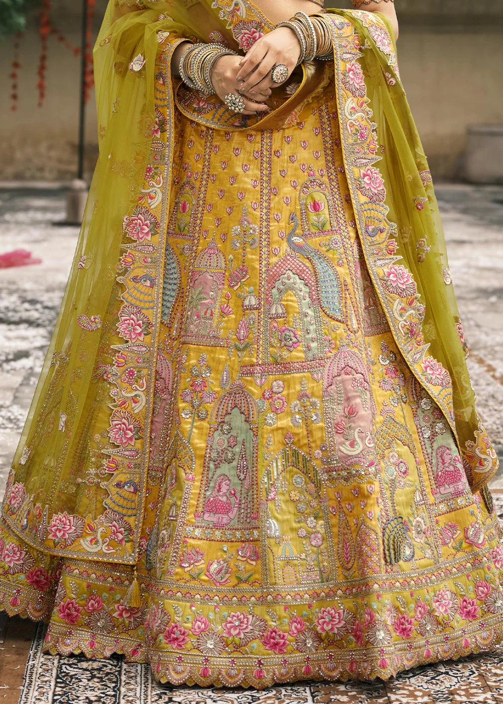 Yellow Heavy Embroidered Mirror, Sequins & Stone Work Semi Stitched Lehenga Choli