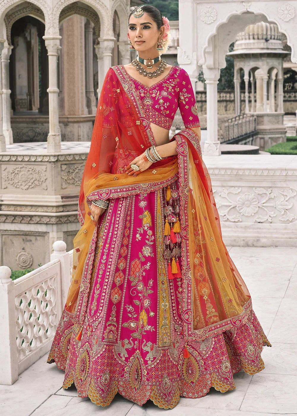 Pink Heavy Embroidered Mirror, Sequins & Stone Work Semi Stitched Lehenga Choli