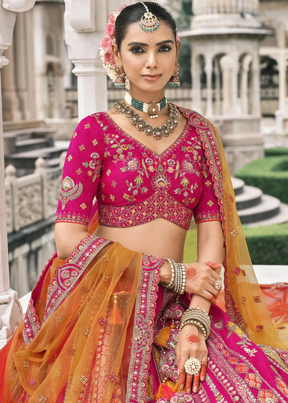 Pink Heavy Embroidered Mirror, Sequins & Stone Work Semi Stitched Lehenga Choli
