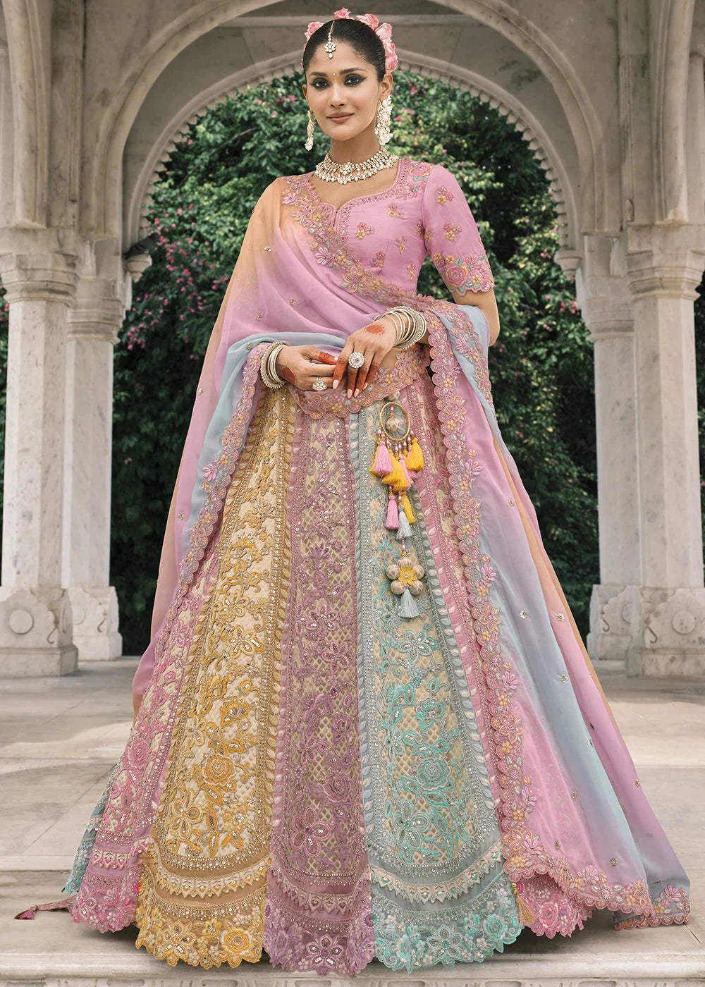 Multi color Heavy Embroidered Mirror, Sequins & Stone Work Semi Stitched Lehenga Choli