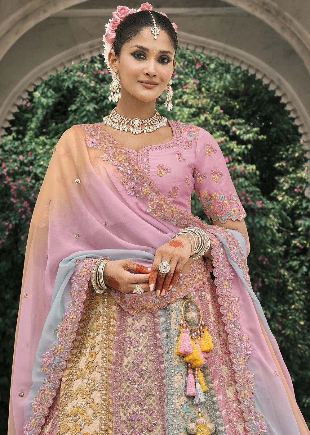 Multi color Heavy Embroidered Mirror, Sequins & Stone Work Semi Stitched Lehenga Choli