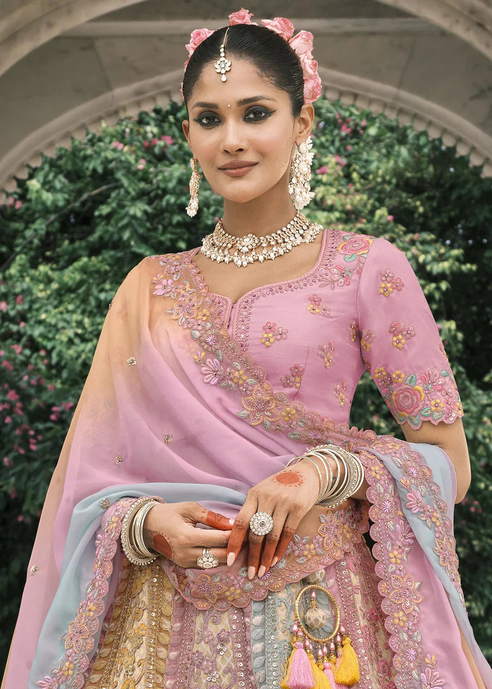 Multi color Heavy Embroidered Mirror, Sequins & Stone Work Semi Stitched Lehenga Choli