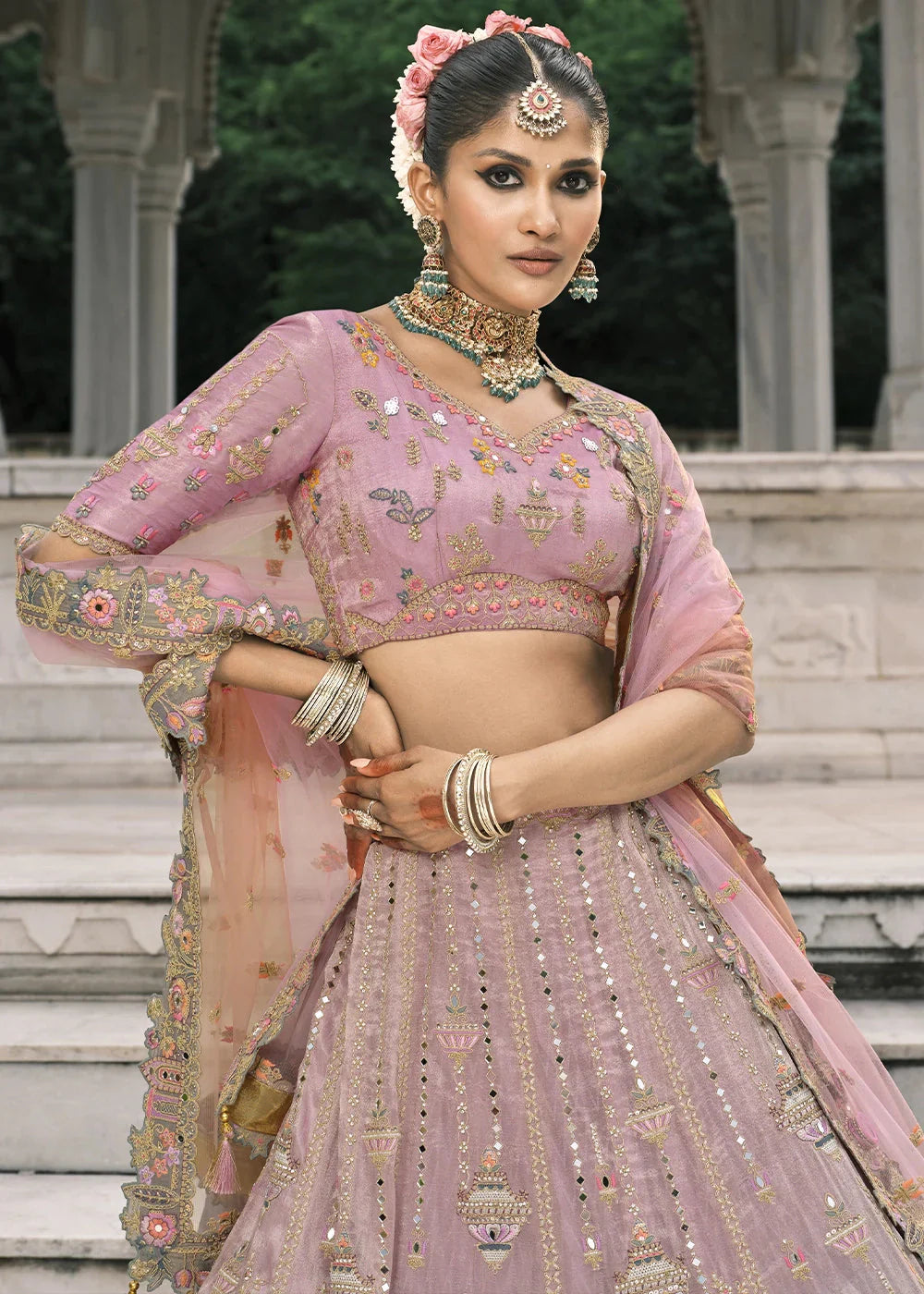 Pink & Gray Heavy Embroidered Mirror, Sequins & Stone Work Semi Stitched Lehenga Choli