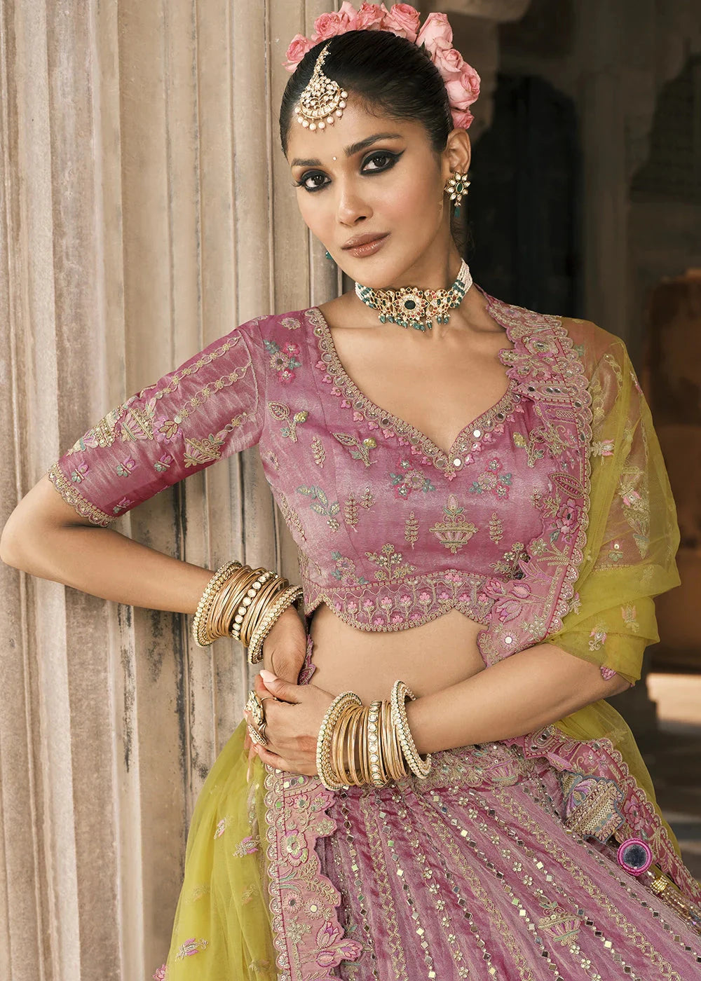 Lavender & Yellow Heavy Embroidered Mirror, Sequins & Stone Work Semi Stitched Lehenga Choli