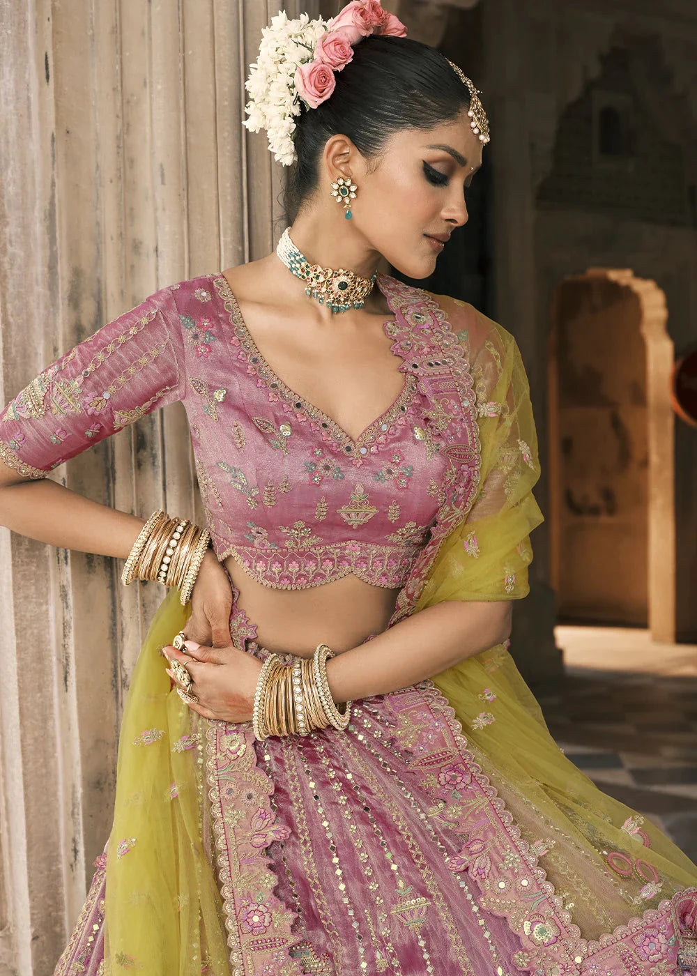 Lavender & Yellow Heavy Embroidered Mirror, Sequins & Stone Work Semi Stitched Lehenga Choli