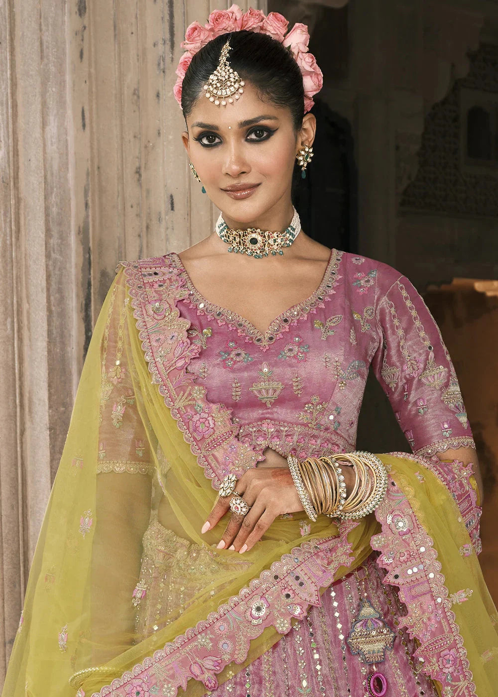 Lavender & Yellow Heavy Embroidered Mirror, Sequins & Stone Work Semi Stitched Lehenga Choli