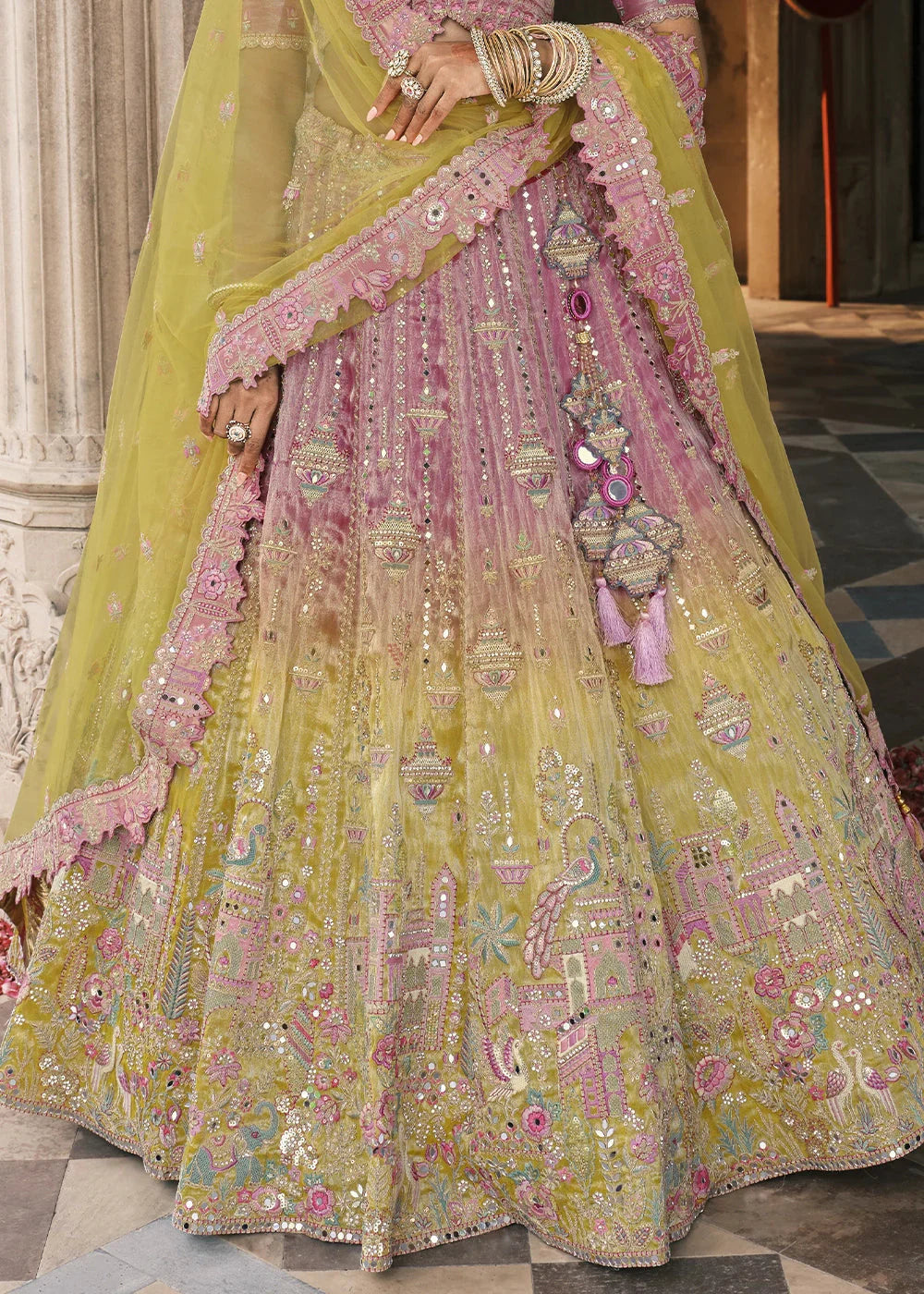 Lavender & Yellow Heavy Embroidered Mirror, Sequins & Stone Work Semi Stitched Lehenga Choli