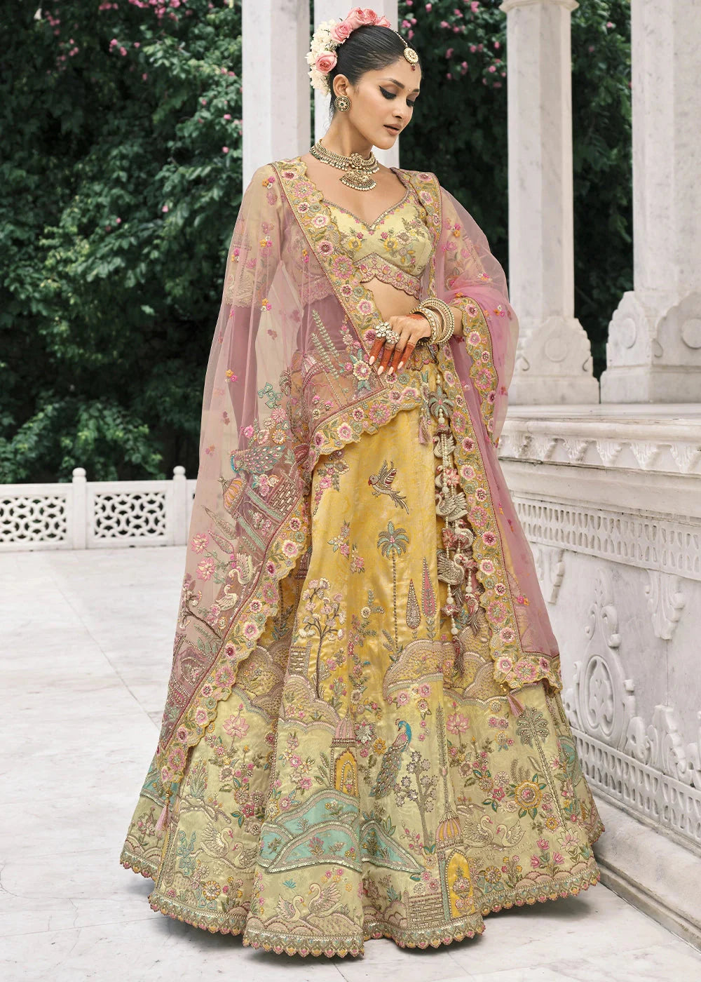 Cream & Yellow Heavy Embroidered Mirror, Sequins & Stone Work Semi Stitched Lehenga Choli