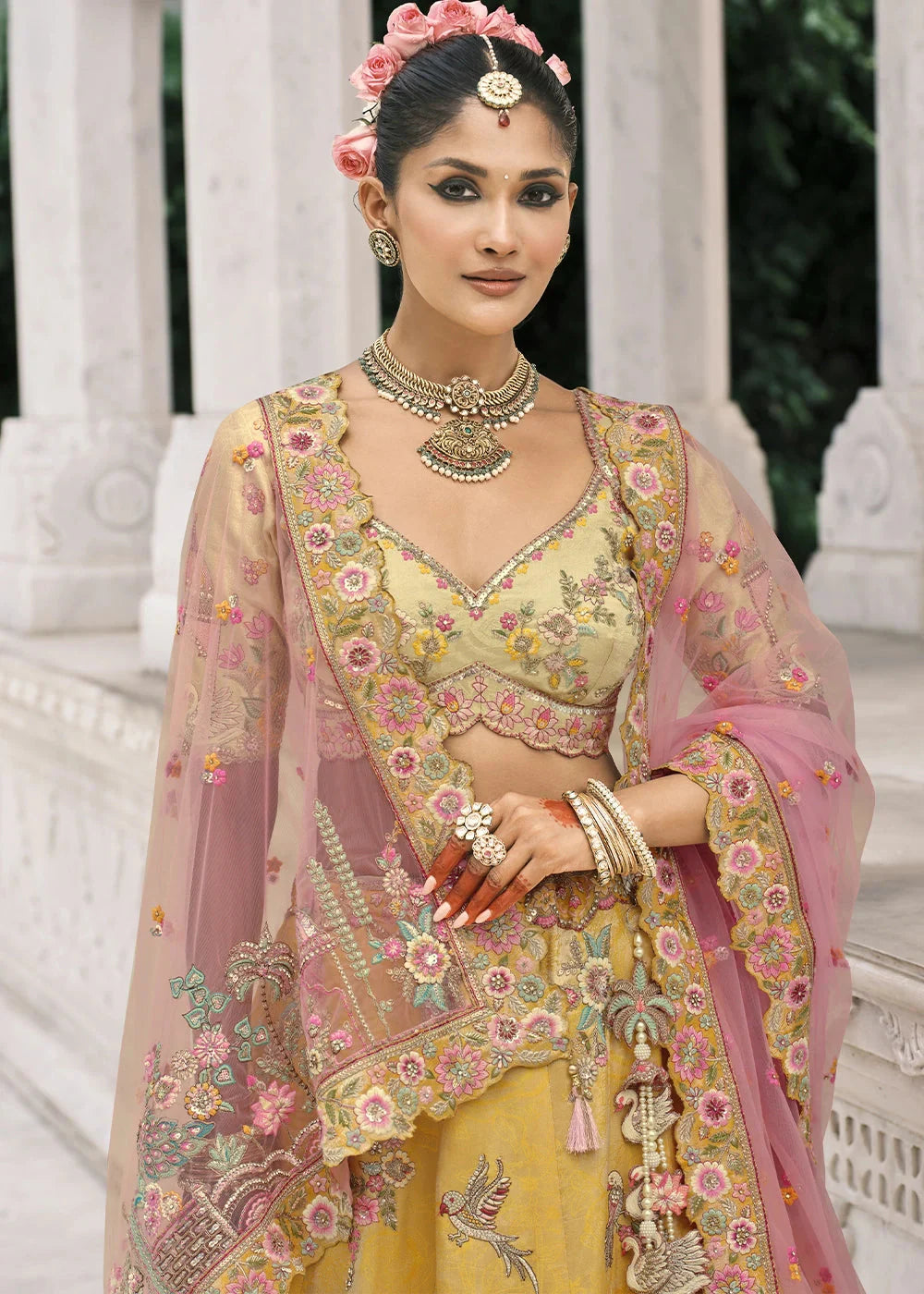 Cream & Yellow Heavy Embroidered Mirror, Sequins & Stone Work Semi Stitched Lehenga Choli