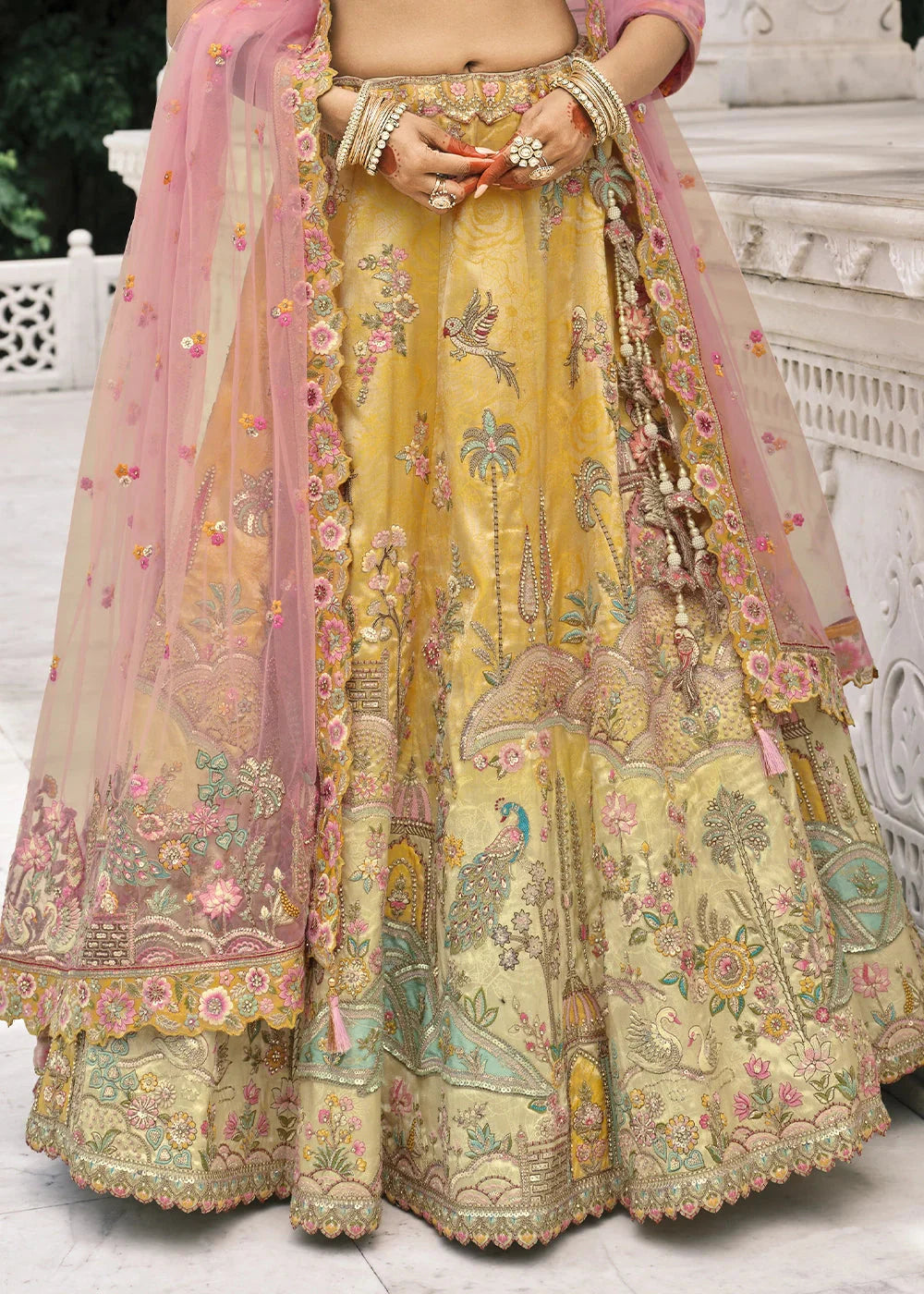 Cream & Yellow Heavy Embroidered Mirror, Sequins & Stone Work Semi Stitched Lehenga Choli