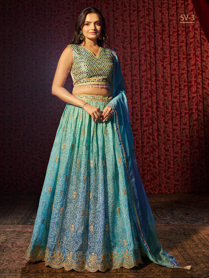 Blue Color Organza Art Silk Embroidery, Printed Lehenga