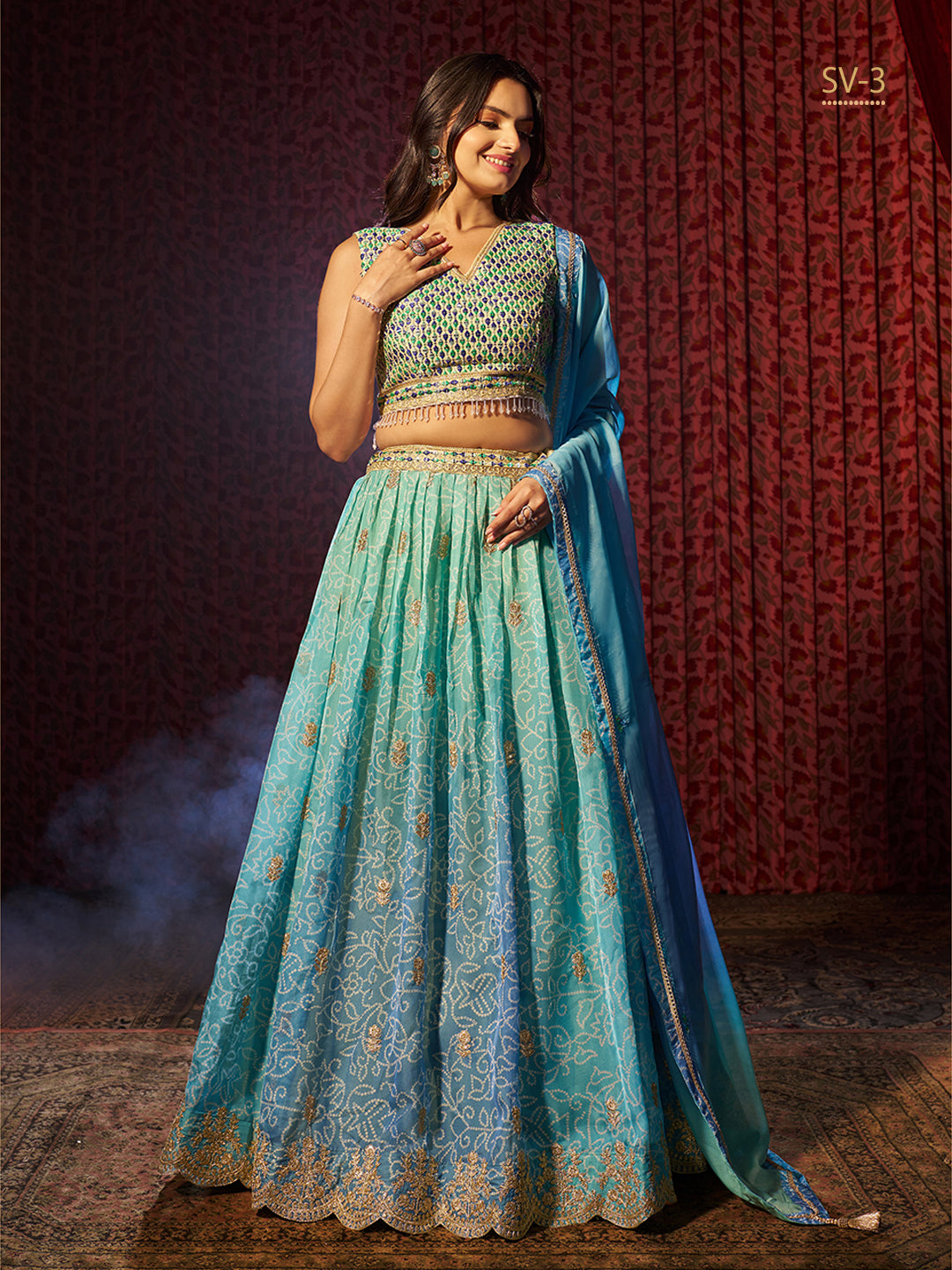 Blue Color Organza Art Silk Embroidery, Printed Lehenga