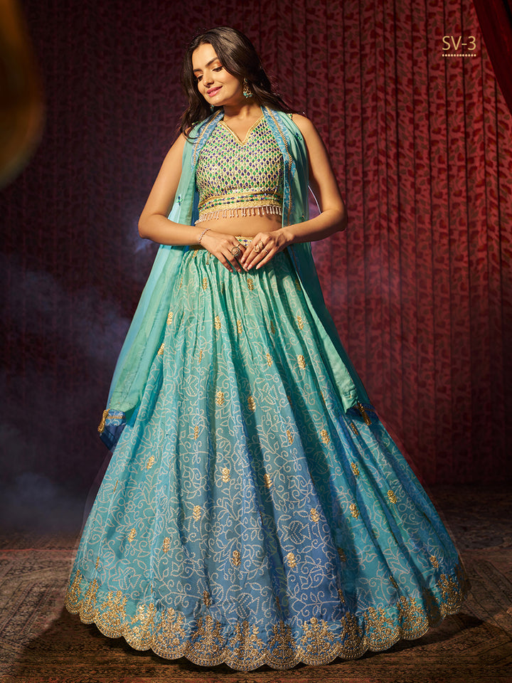 Blue Color Organza Art Silk Embroidery, Printed Lehenga