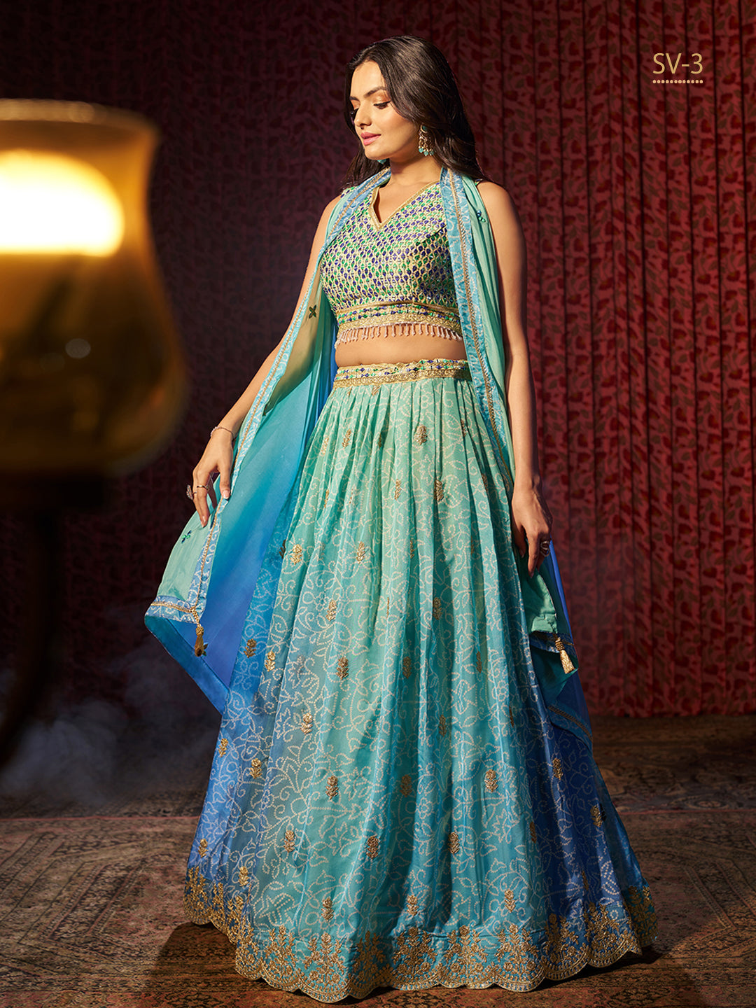 Blue Color Organza Art Silk Embroidery, Printed Lehenga