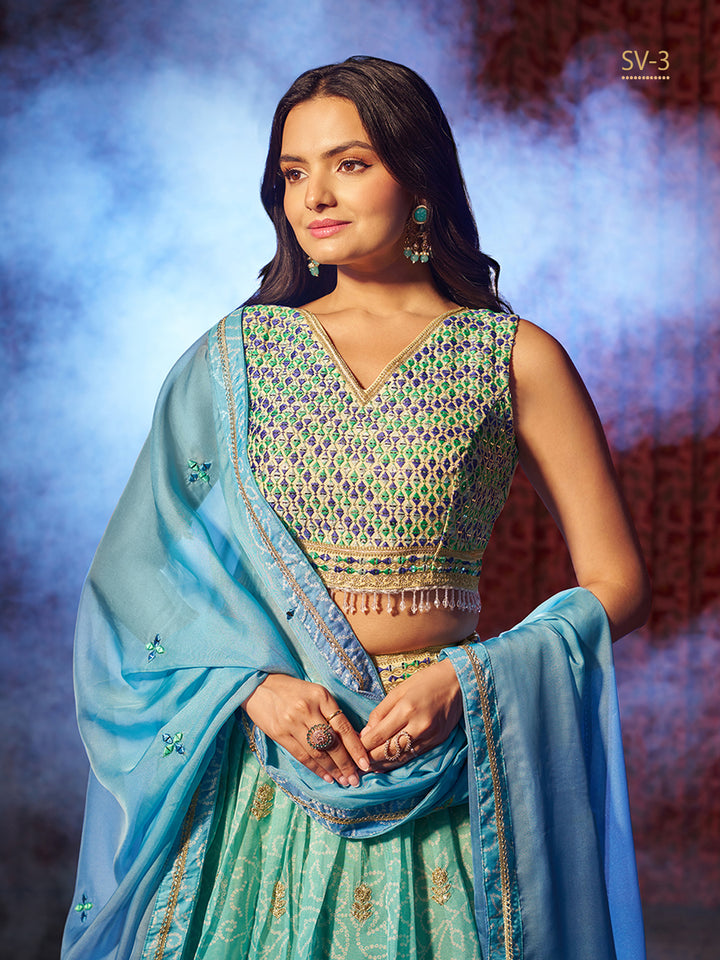 Blue Color Organza Art Silk Embroidery, Printed Lehenga