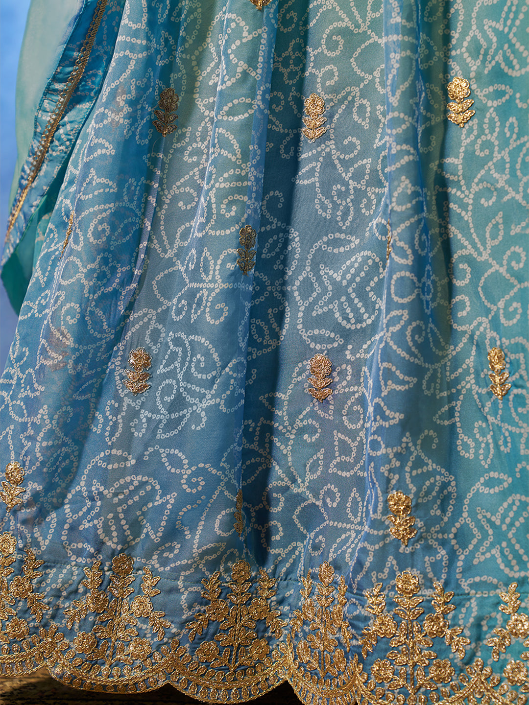 Blue Color Organza Art Silk Embroidery, Printed Lehenga