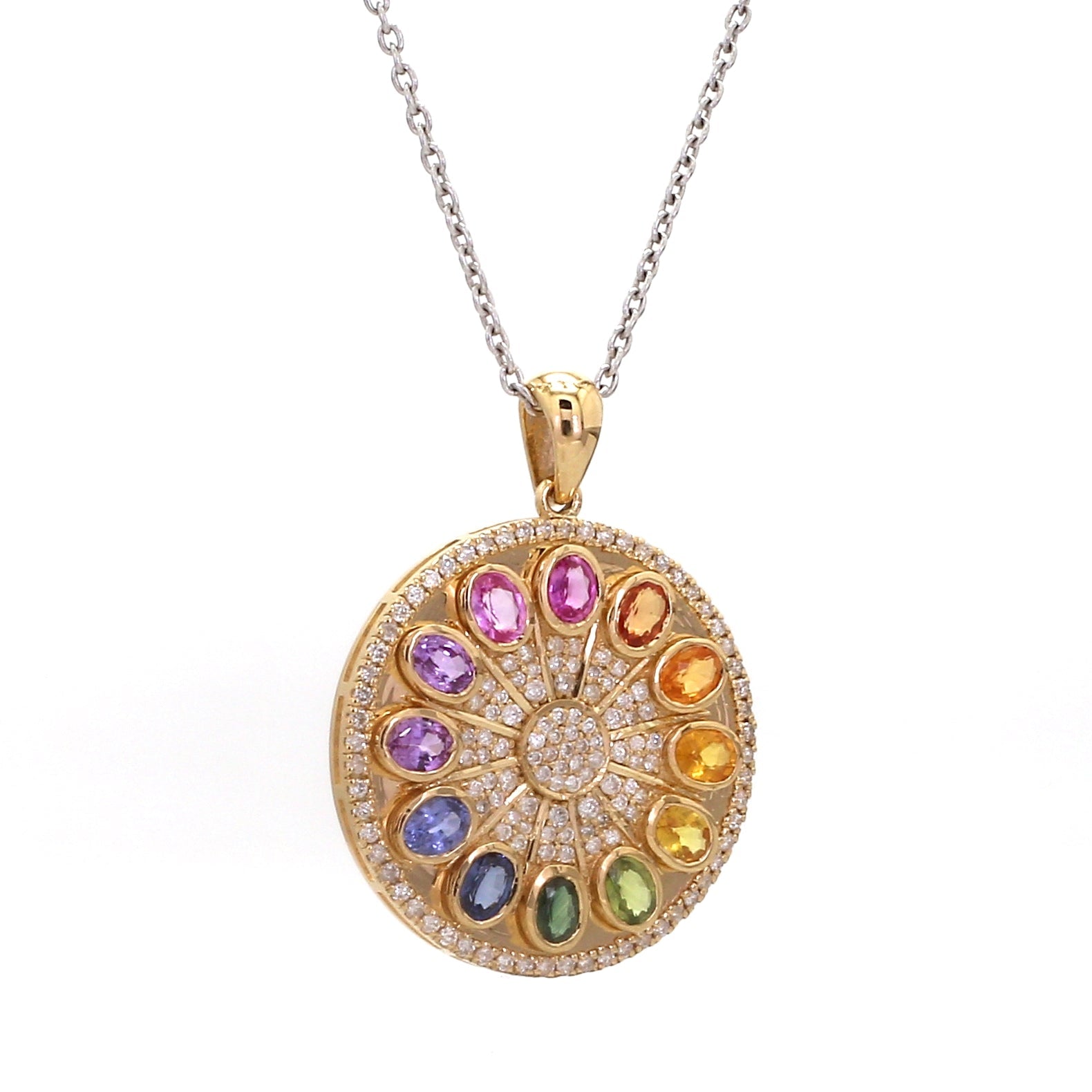 Rainbow Sapphire Oval and Diamond Disc Pendant - qivii