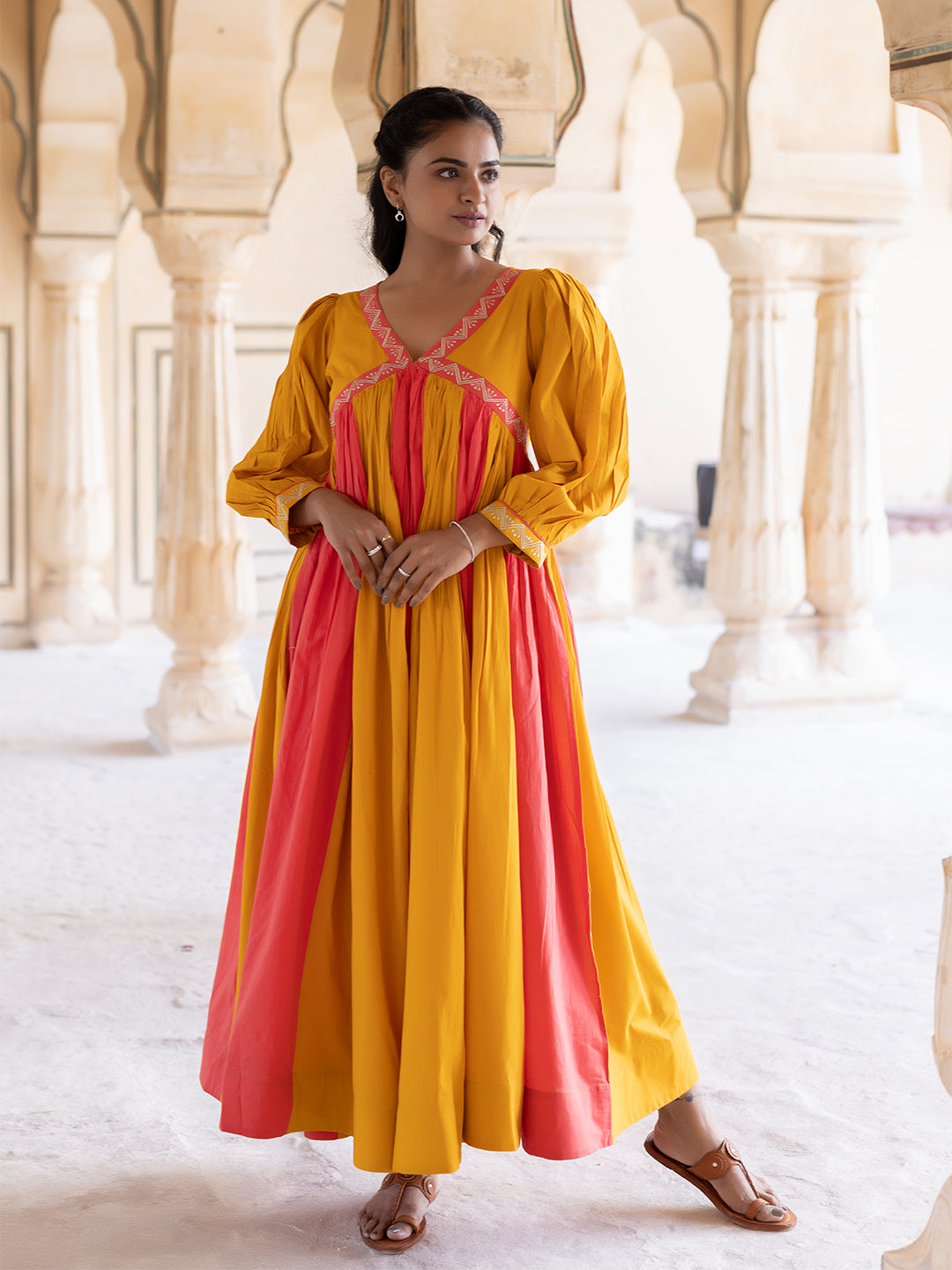Saffron Peach & Mustard Cotton Dress  - By Ragavi - qivii