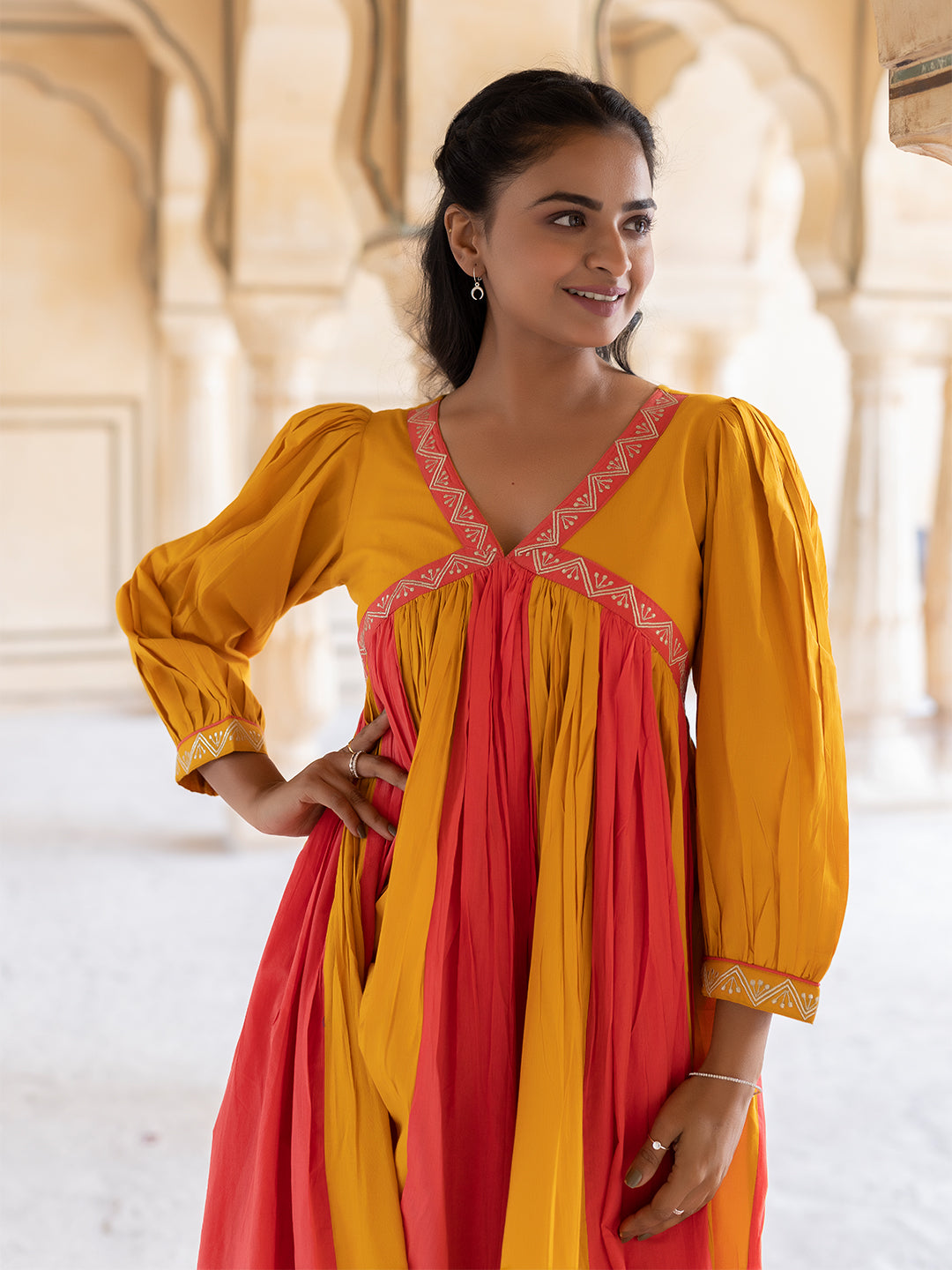 Saffron Peach & Mustard Cotton Dress  - By Ragavi - qivii