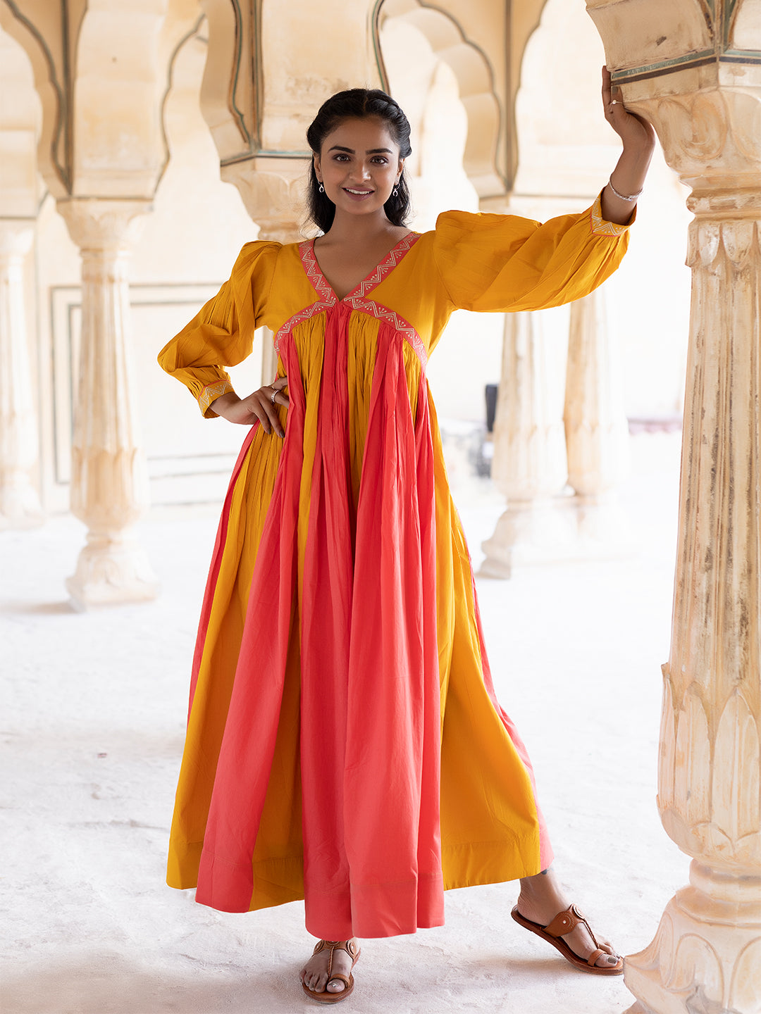 Saffron Peach & Mustard Cotton Dress  - By Ragavi - qivii