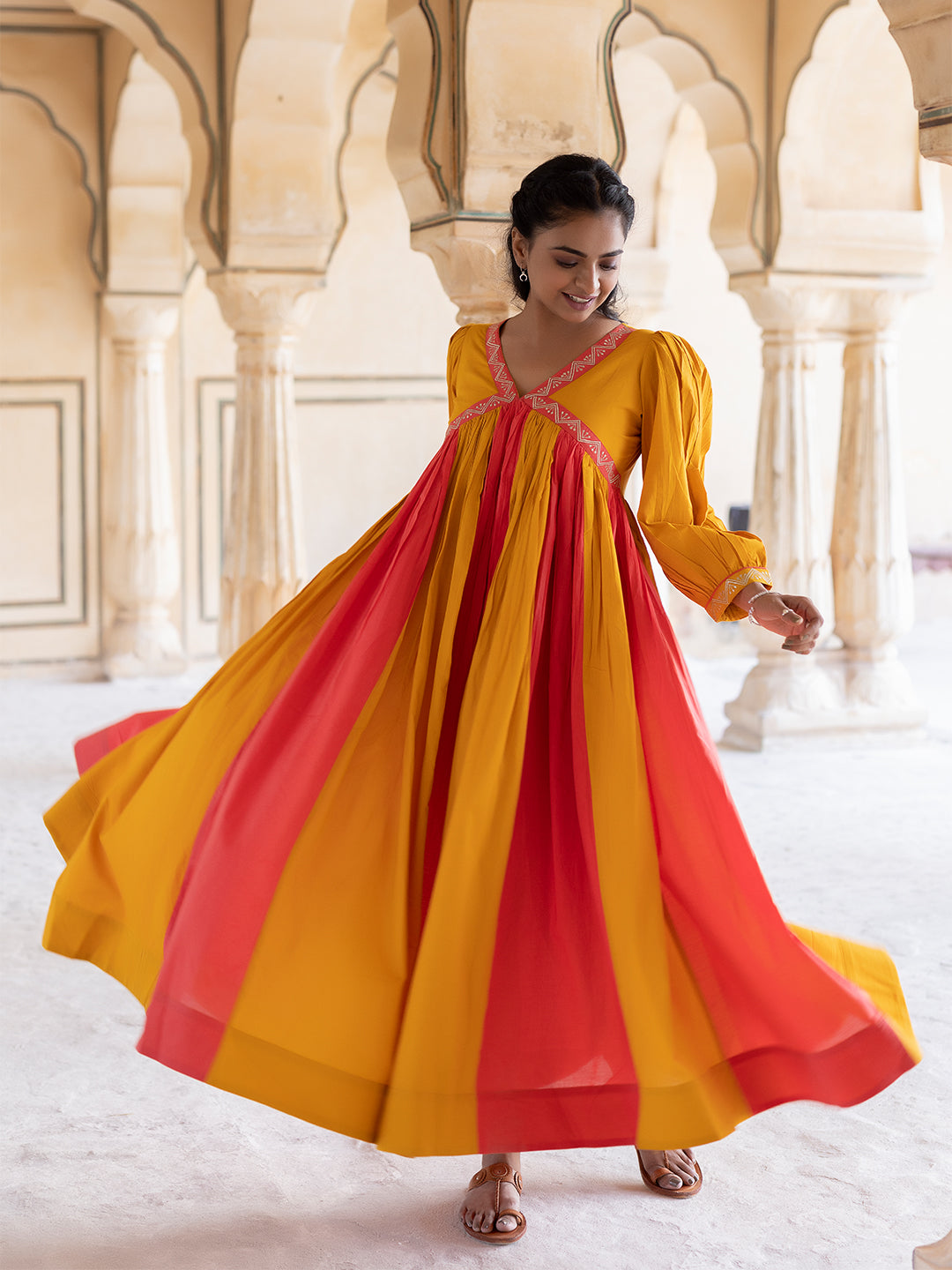 Saffron Peach & Mustard Cotton Dress  - By Ragavi - qivii