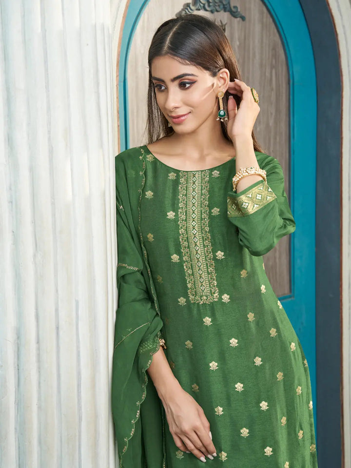 Sap Green Exquisite Placement Weaving Kurta Suit Set by Qivii