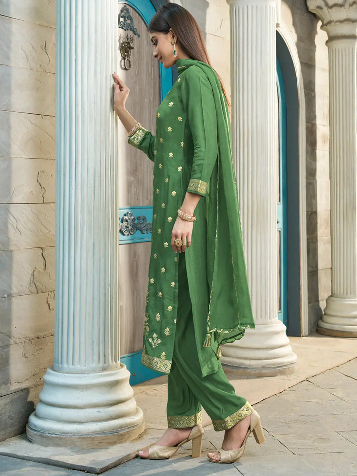 Sap Green Exquisite Placement Weaving Kurta Suit Set by Qivii