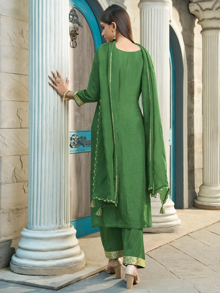 Sap Green Exquisite Placement Weaving Kurta Suit Set by Qivii