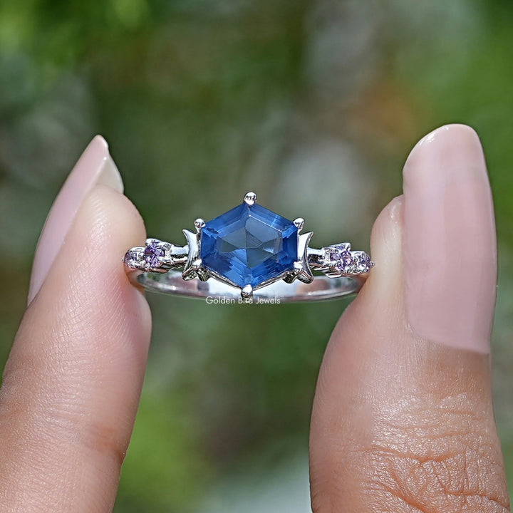 Sapphire Blue Hexagon Gemstone Engagement Ring