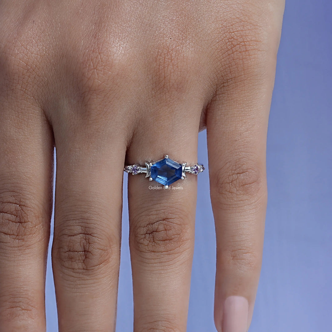 Sapphire Blue Hexagon Gemstone Engagement Ring