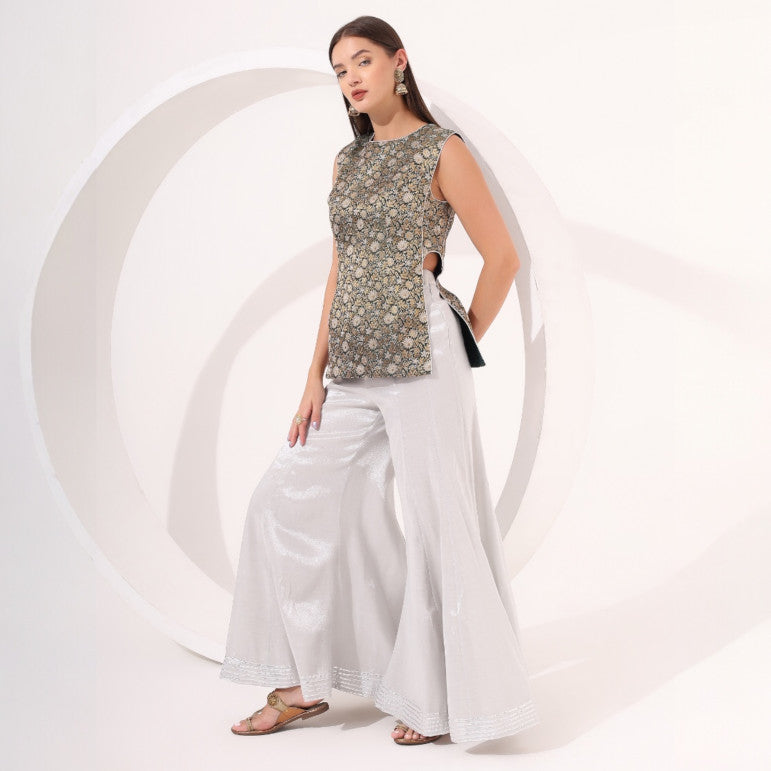 Silver Sharara with Brocade Top - qivii