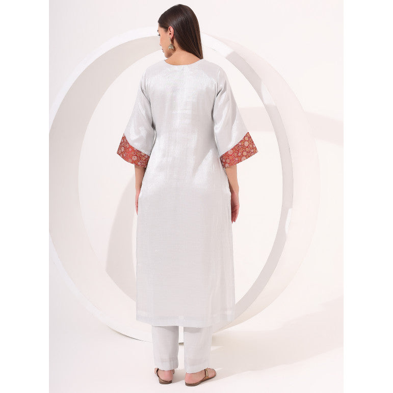 Silver Tissue Straight Kurta - qivii