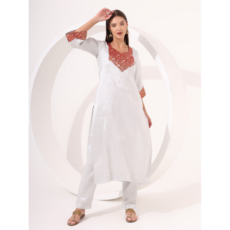Silver Tissue Straight Kurta - qivii