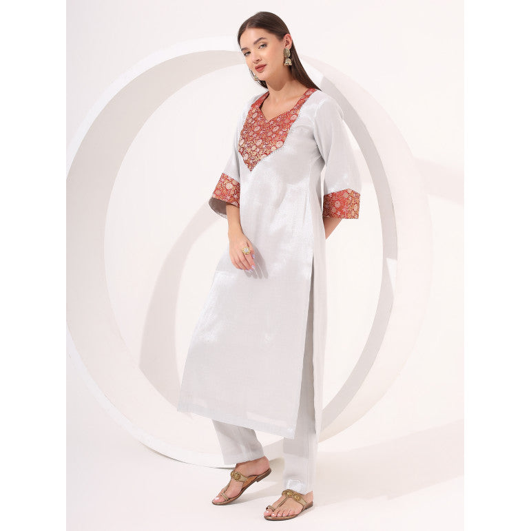 Silver Tissue Straight Kurta - qivii