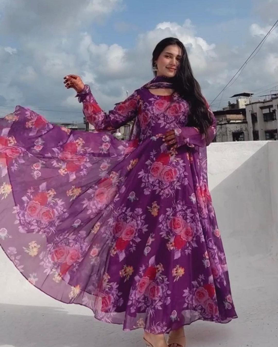 Aishwarya Rathod in Purple Color 3D Printed Soft Organza Anarkali Three Piece Suit  - By Qivii