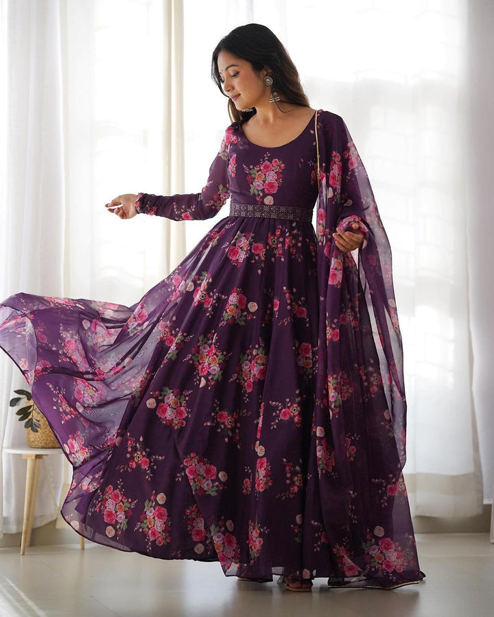 Wine Purple Color Floral Print Soft Organza Silk Kali Cut Anarkali Suit  - By Qivii