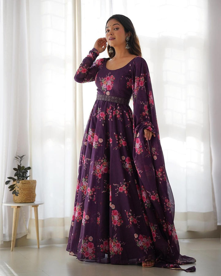 Wine Purple Color Floral Print Soft Organza Silk Kali Cut Anarkali Suit  - By Qivii