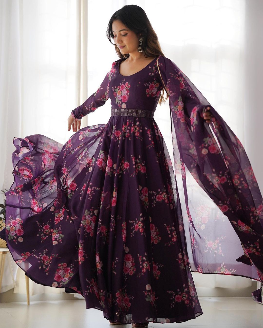 Wine Purple Color Floral Print Soft Organza Silk Kali Cut Anarkali Suit  - By Qivii