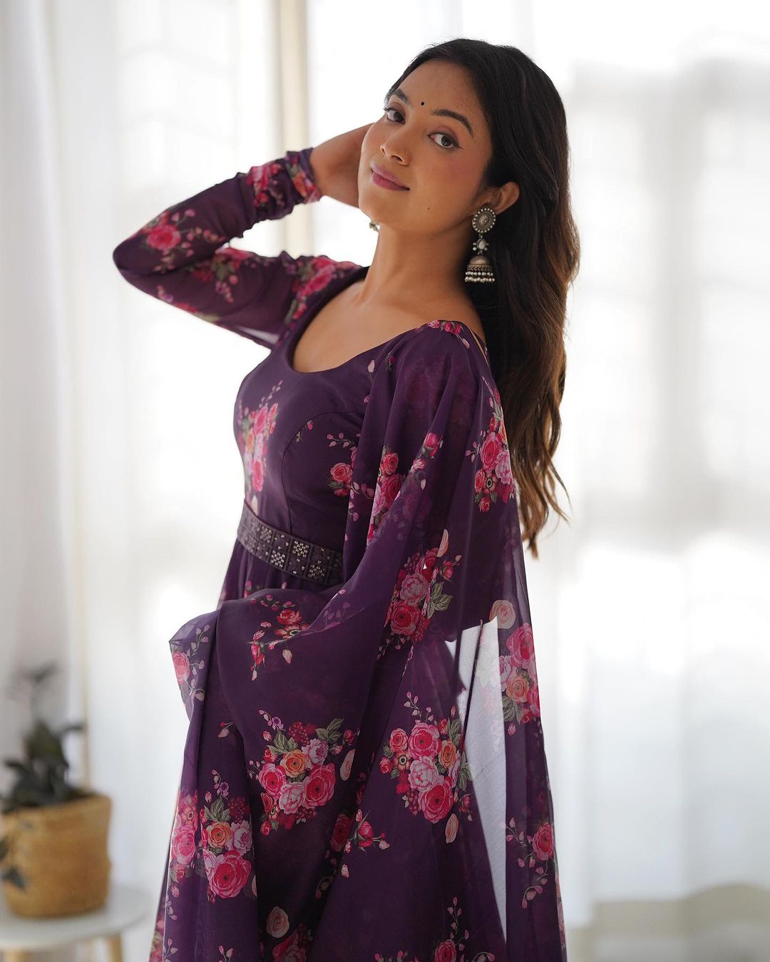 Wine Purple Color Floral Print Soft Organza Silk Kali Cut Anarkali Suit  - By Qivii